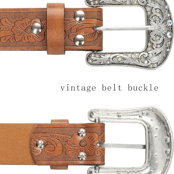 Western-Belt-for-Women-Cowgirl, PU-Leather-Waist-Belts with Vintage-Carved-Buckl - Picture 5 of 8
